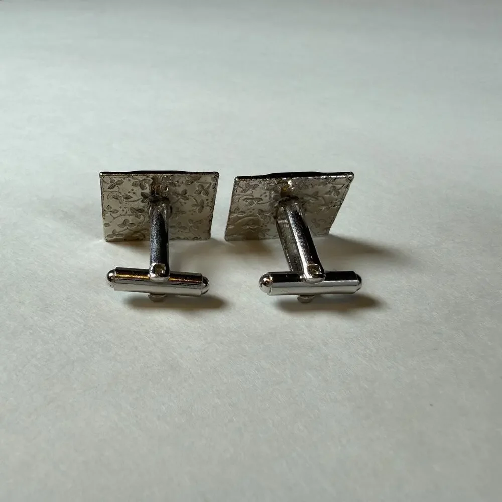 Vintage Silver Tone Dog Cufflinks Black Enamel Rectangle Basset Hound Style